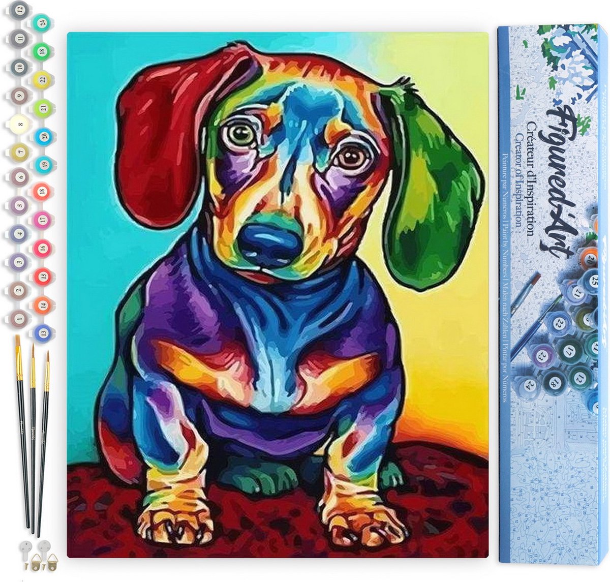 FiguredArt Schilderen op Nummer Volwassenen canvas Hondenkleur rode en groene oren - Handwerk acrylverf Kit DIY Compleet - 40x50cm zonder frame